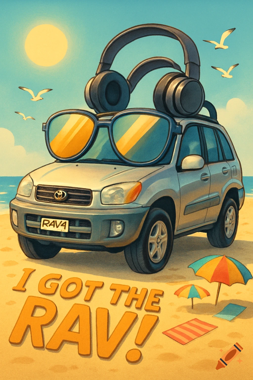 A cartoon silver Toyota RAV4 wearing sunglasses and headphones on a beach, with "I GOT THE RAV!" written in the sand.
