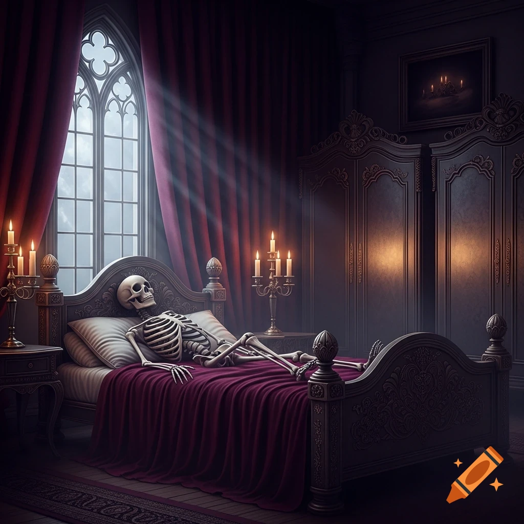 A skeleton lies on a richly decorated bed with purple drapes in a dark Gothic room, lit by candles and a large window.