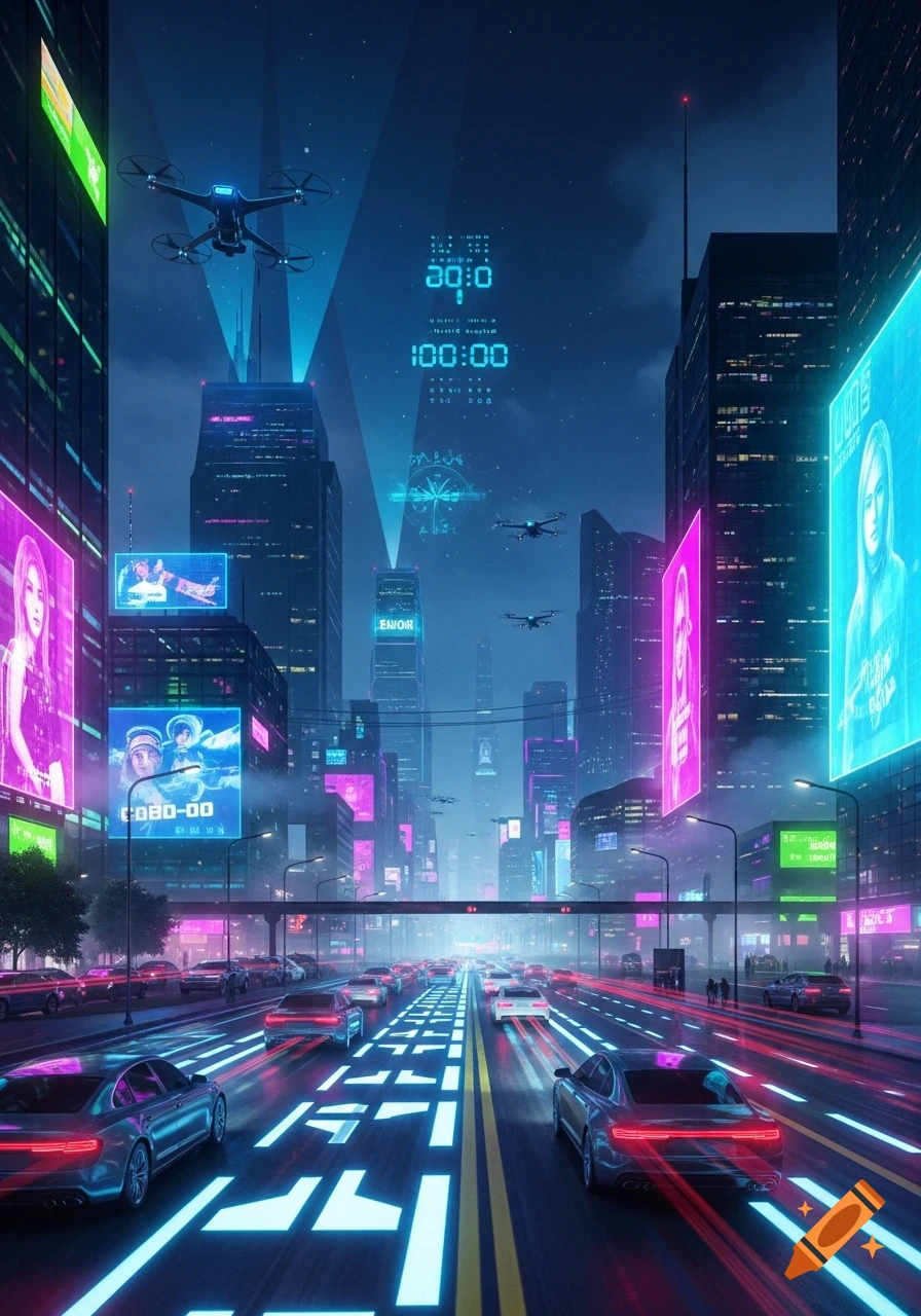 A vibrant cyberpunk city at dusk with neon-lit skyscrapers, busy streets with glowing cars, and flying drones overhead.