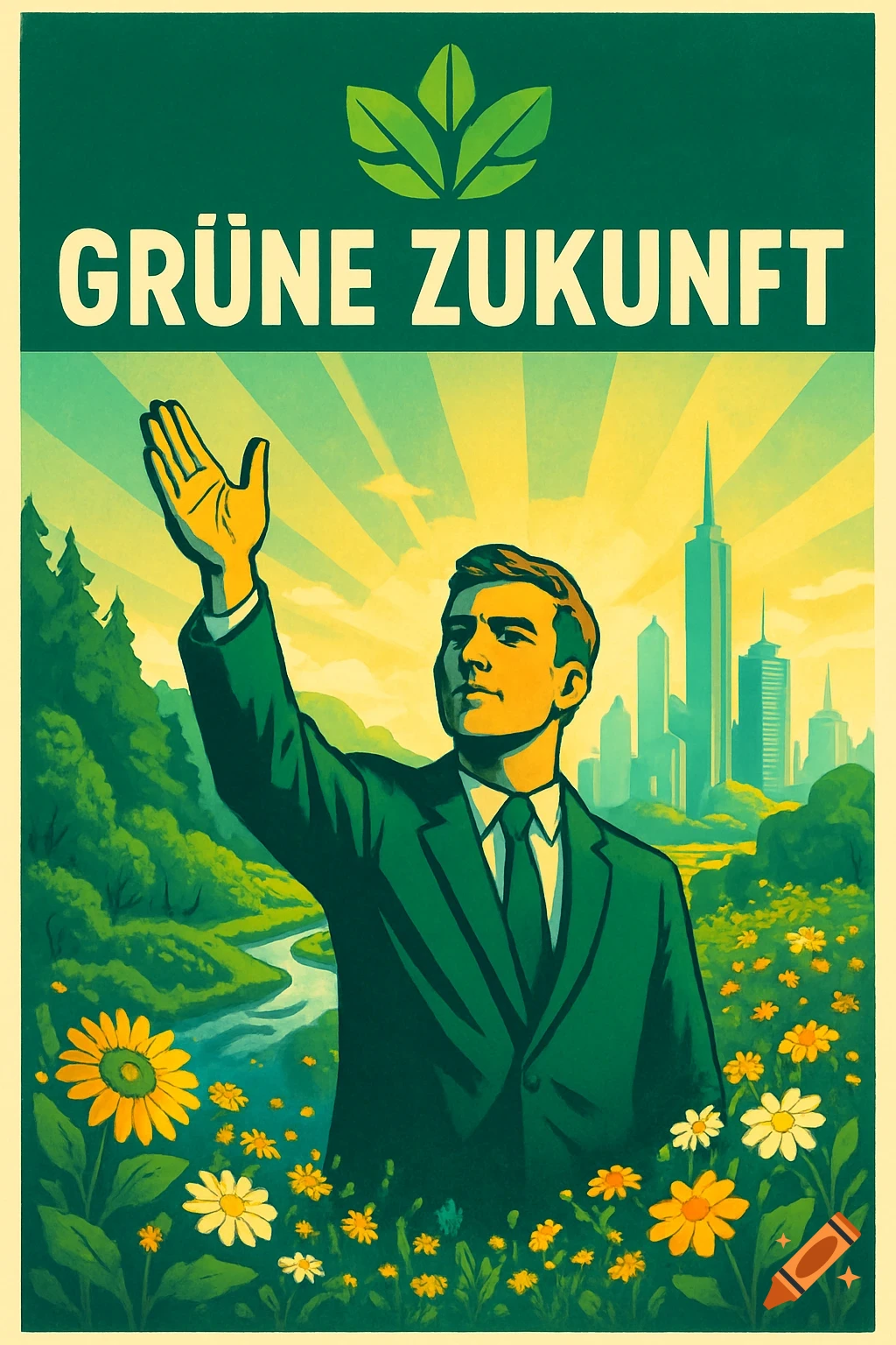 Propaganda poster for 'GRÜNE ZUKUNFT' featuring a man in a green suit, nature, and a city skyline.