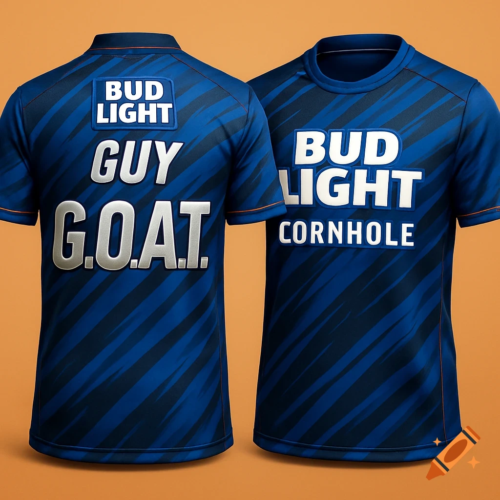 Two blue jerseys, one from the back showing "BUD LIGHT GUY G.O.A.T." and one from the front showing "BUD LIGHT CORNHOLE".