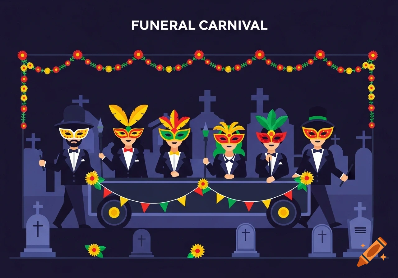 Stylized illustration of masked figures in formal wear in a funeral carnival scene with a decorated cart and gravestones.