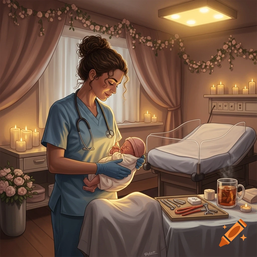 Illustrated midwife in blue scrubs gently holds a newborn baby in a softly lit birthing room decorated with candles and flowers.