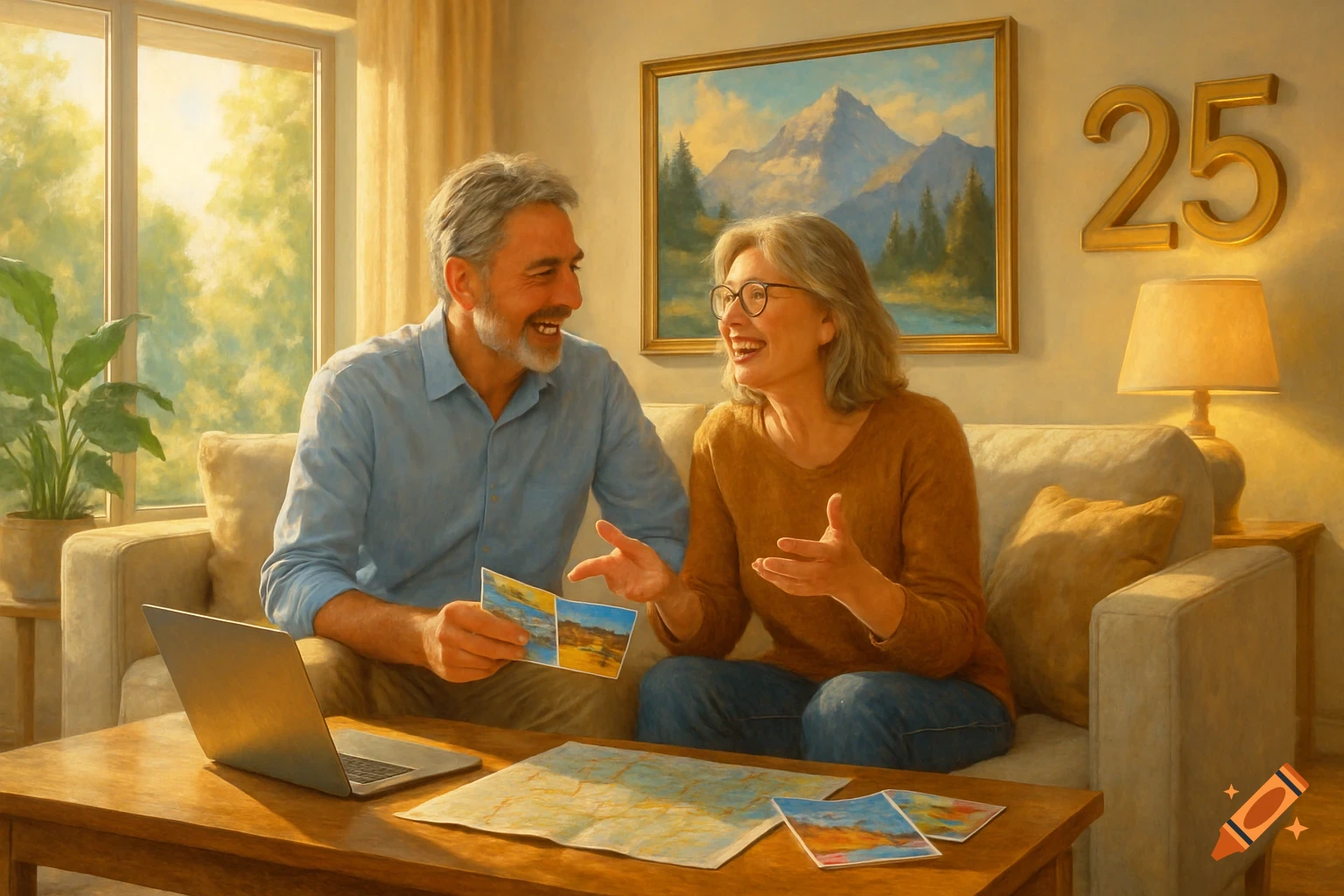 An older couple discusses travel plans in a sunlit living room with maps, photos, a mountain painting, and the number 25.
