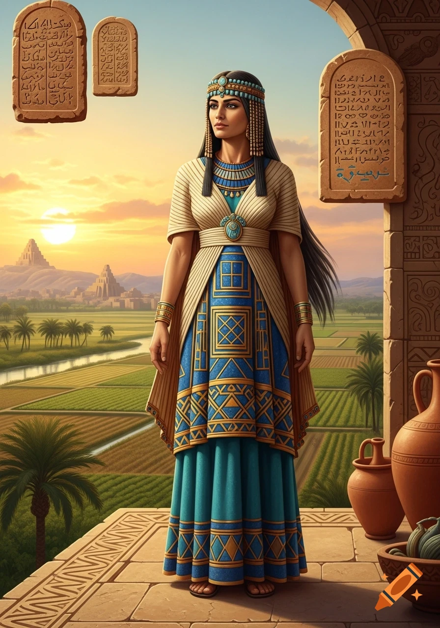 A Mesopotamian woman in an elaborate dress and headpiece stands on a terrace, looking over a fertile valley with ziggurats at sunset.