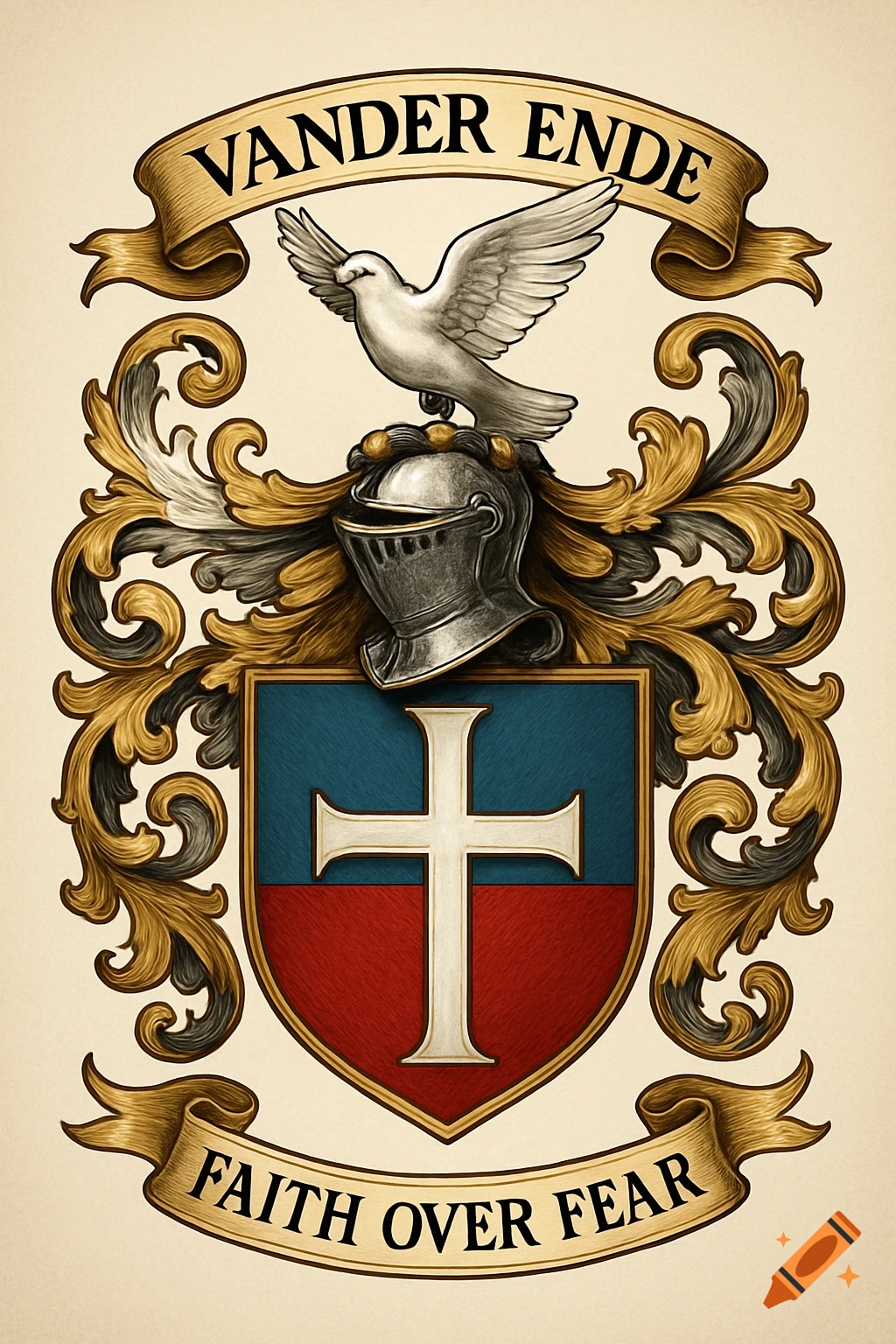 A detailed heraldic coat of arms featuring a white dove atop a knight's helmet, with a blue and red shield displaying a white cross. Banners read "VANDER ENDE" and "FAITH OVER FEAR" amidst gold and grey scrollwork.