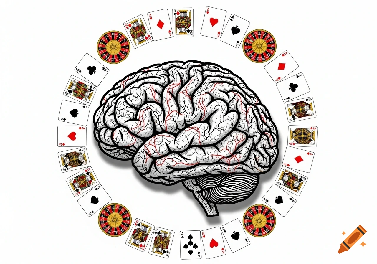 A stylized illustration of a human brain with red veins, surrounded by a circular arrangement of playing cards and roulette wheels on a white background.