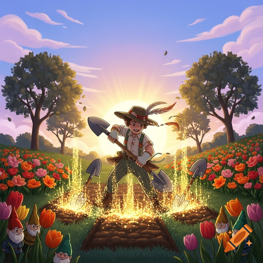 Whimsical illustration of a happy gardener in a hat digging in a vibrant flower field at sunrise, with gnomes and glowing shovels.