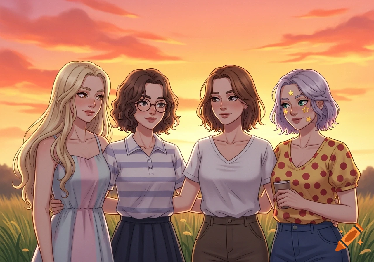 Four animated young women with varied hairstyles and outfits stand together in a field at sunset, with arms linked.