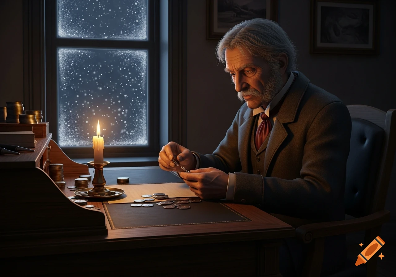 An old man, reminiscent of Ebenezer Scrooge, counts coins by candlelight in a dark Victorian office as snow falls outside a frosted window.