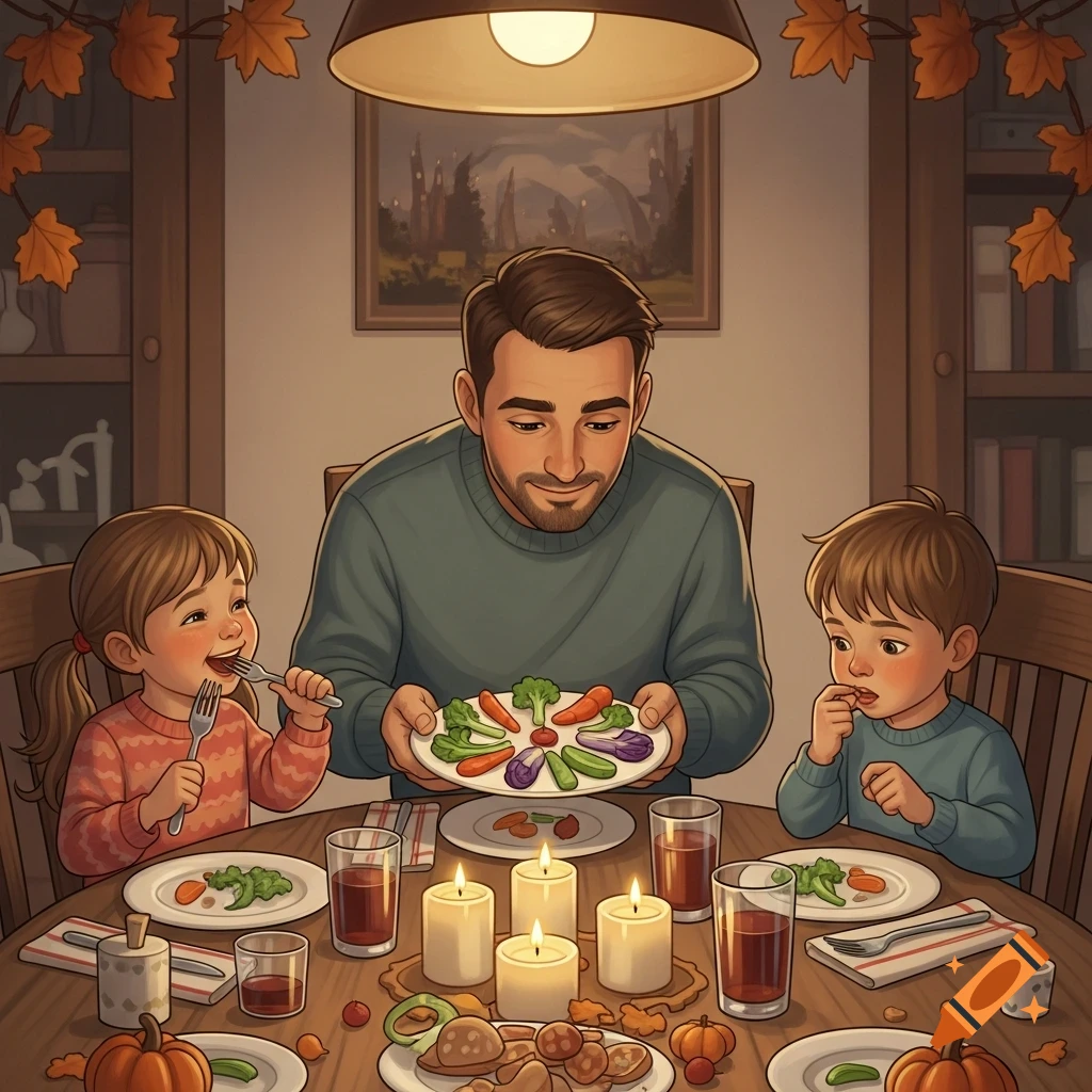A father holds a plate of vegetables for his young son and daughter seated at a cozy, candlelit dinner table, decorated with autumn leaves.