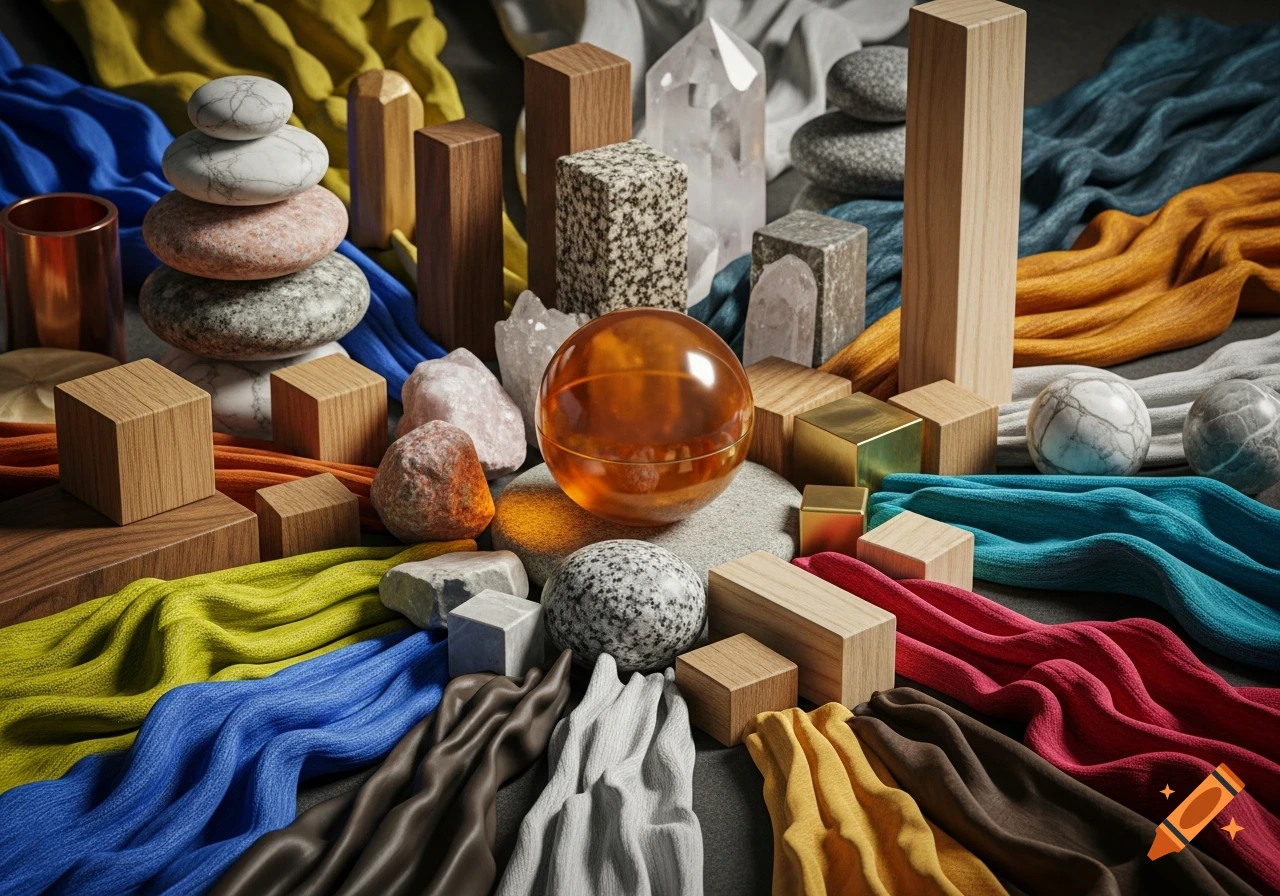 A still life arrangement of wooden blocks, polished stones, clear crystals, a glass sphere, metal cubes, and draped colorful fabrics.