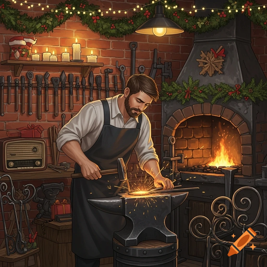 A man, dressed as a blacksmith, hammers metal on an anvil in a cozy, brick-walled workshop decorated with Christmas garlands and lights.