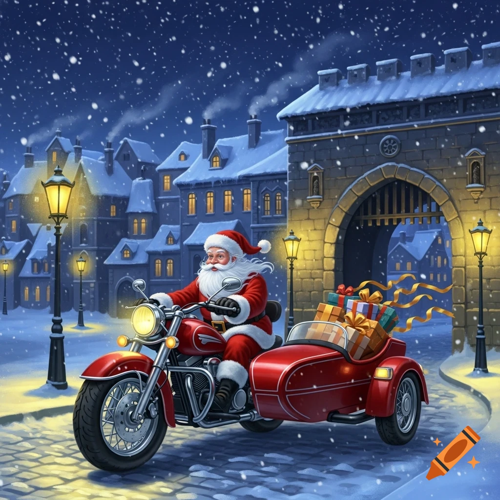 Santa Claus rides a red motorcycle with a sidecar filled with gifts ...