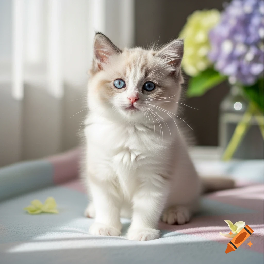 A fluffy Ragdoll kitten with striking blue eyes sits on a pastel-colored blanket bathed in soft sunlight, with blurred flowers in the background.