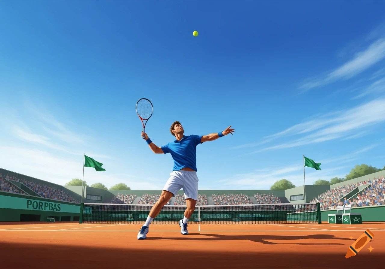 A male tennis player in a blue shirt and white shorts serves a tennis ball on a clay court, with a stadium in the background.