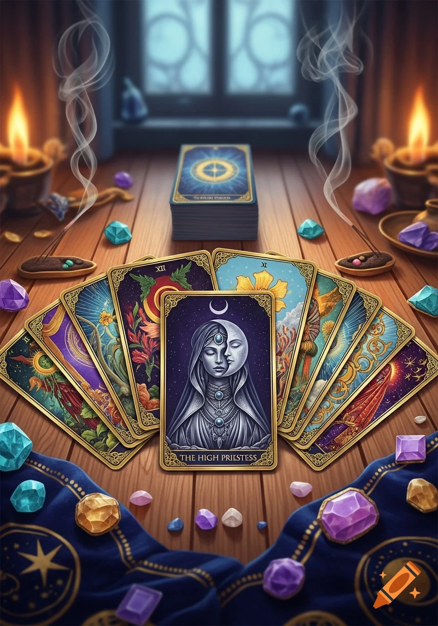 Detailed tarot card spread on a wooden table with candles, incense, crystals, and a dark blue cloth, featuring the High Priestess card.
