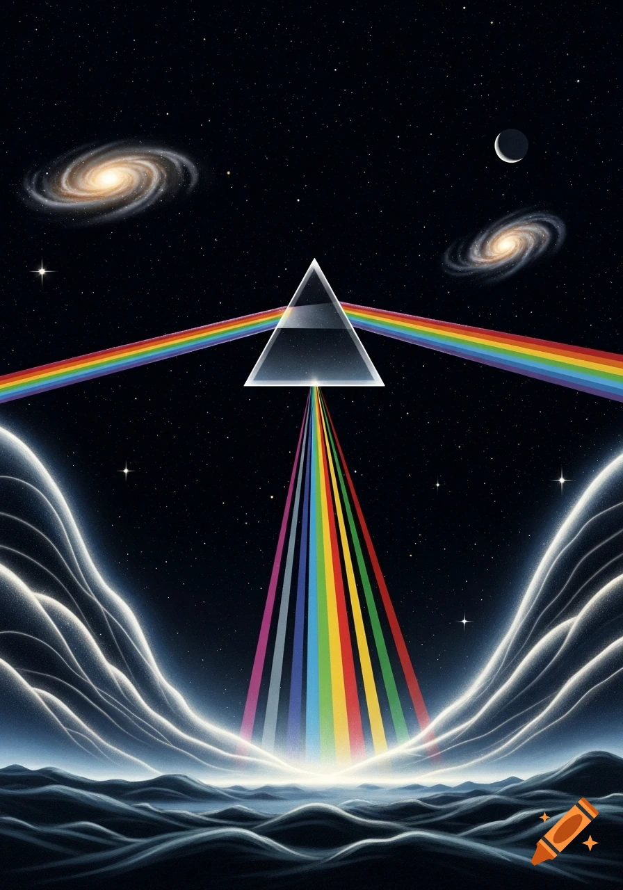 A prism in deep space refracts light into a rainbow, with galaxies and a crescent moon above glowing waves and dark terrain.