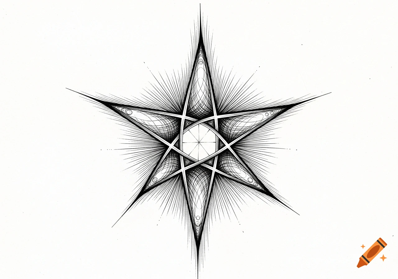 Intricate black and white geometric star design with sharp points and radiating fine lines, resembling an ink drawing.