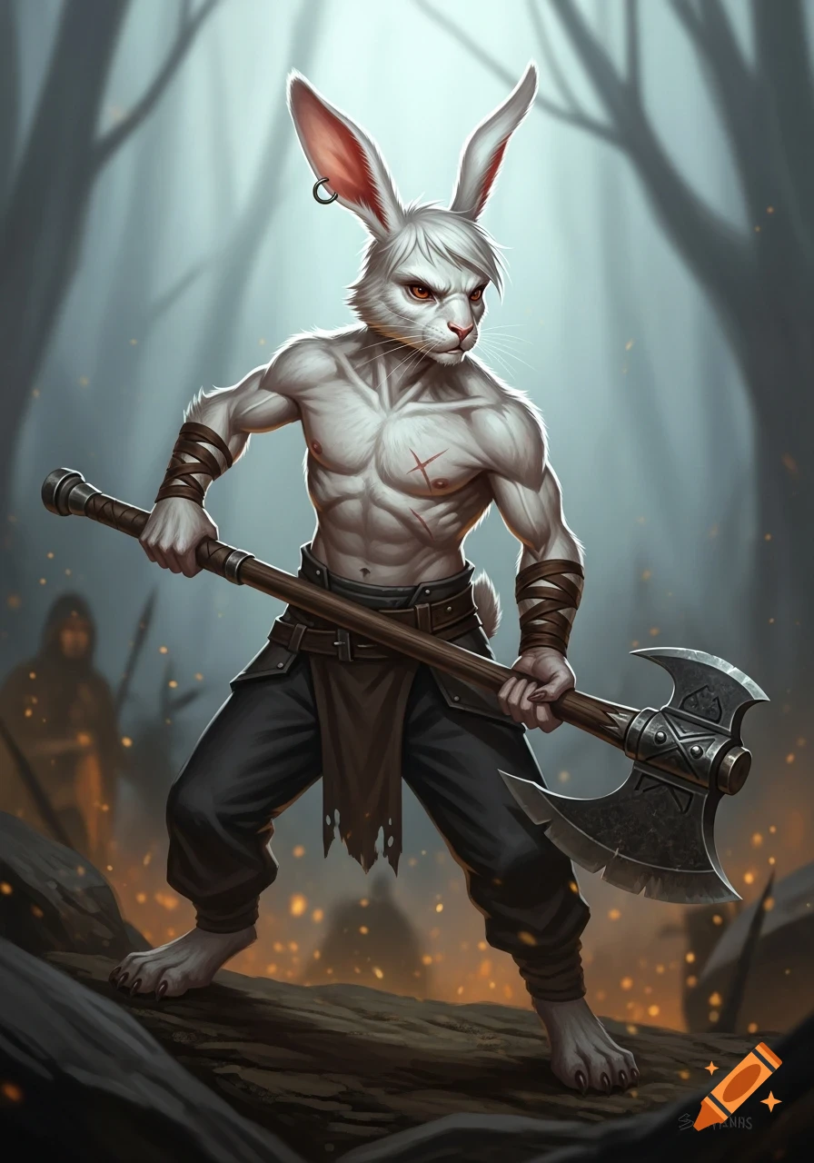 A muscular white rabbitfolk barbarian with a fierce expression holds a large axe in a misty, forested battlefield at dusk, in a detailed fantasy art style.