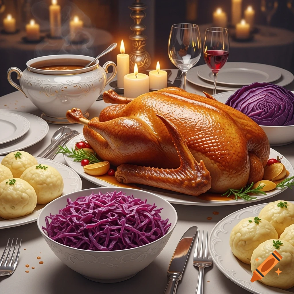 Photorealistic roasted goose, dumplings, and shredded red cabbage on a festive dinner table with lit candles.