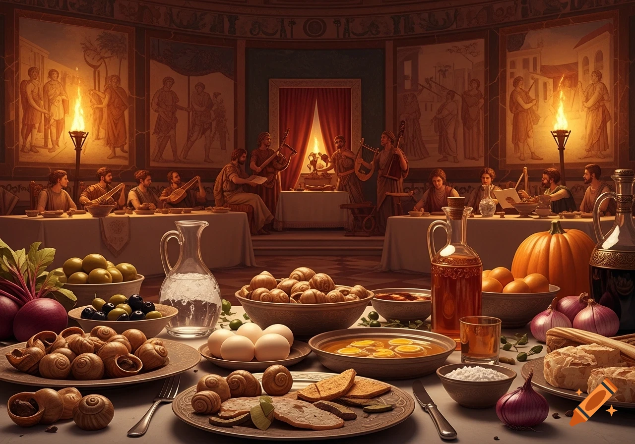 A richly set table in the foreground with various foods like snails, eggs, olives, and a pumpkin, with a Roman-style banquet and musicians in the background.