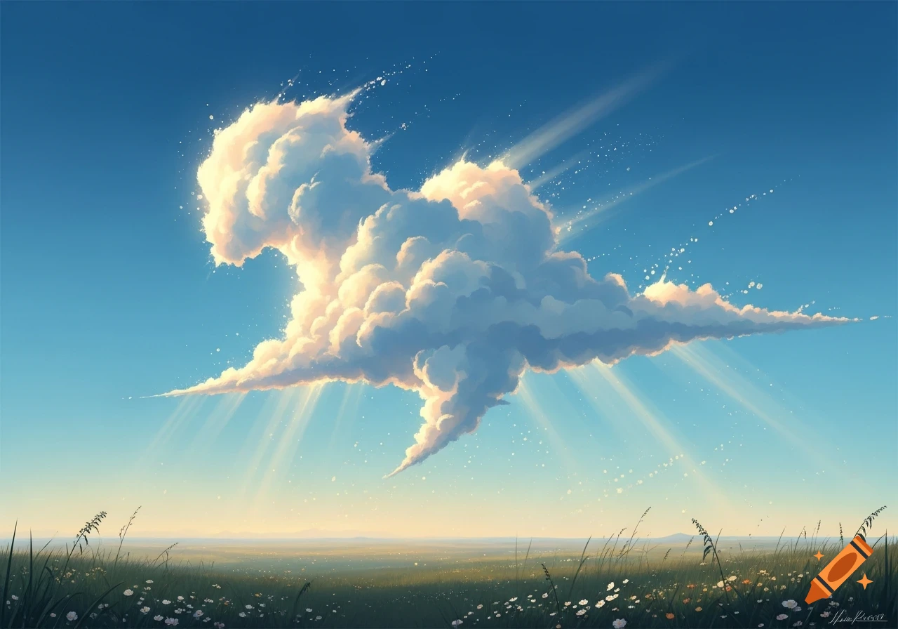 Anime style digital painting of a large, glowing cloud in a bright blue sky with sun rays over a green field of wildflowers.