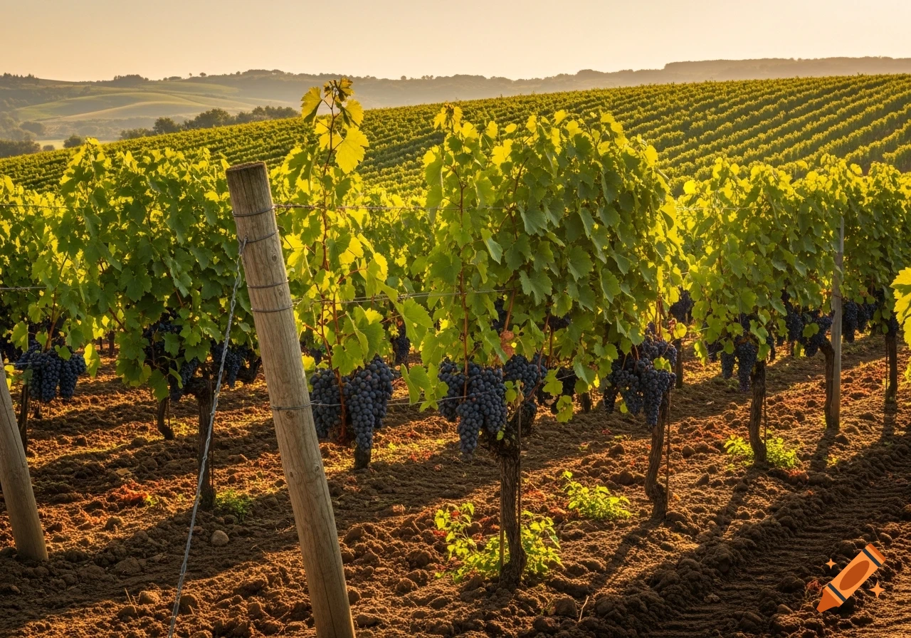 Sunlit vineyard rows with ripe dark grapes, extending into rolling hills under a warm, clear sky.