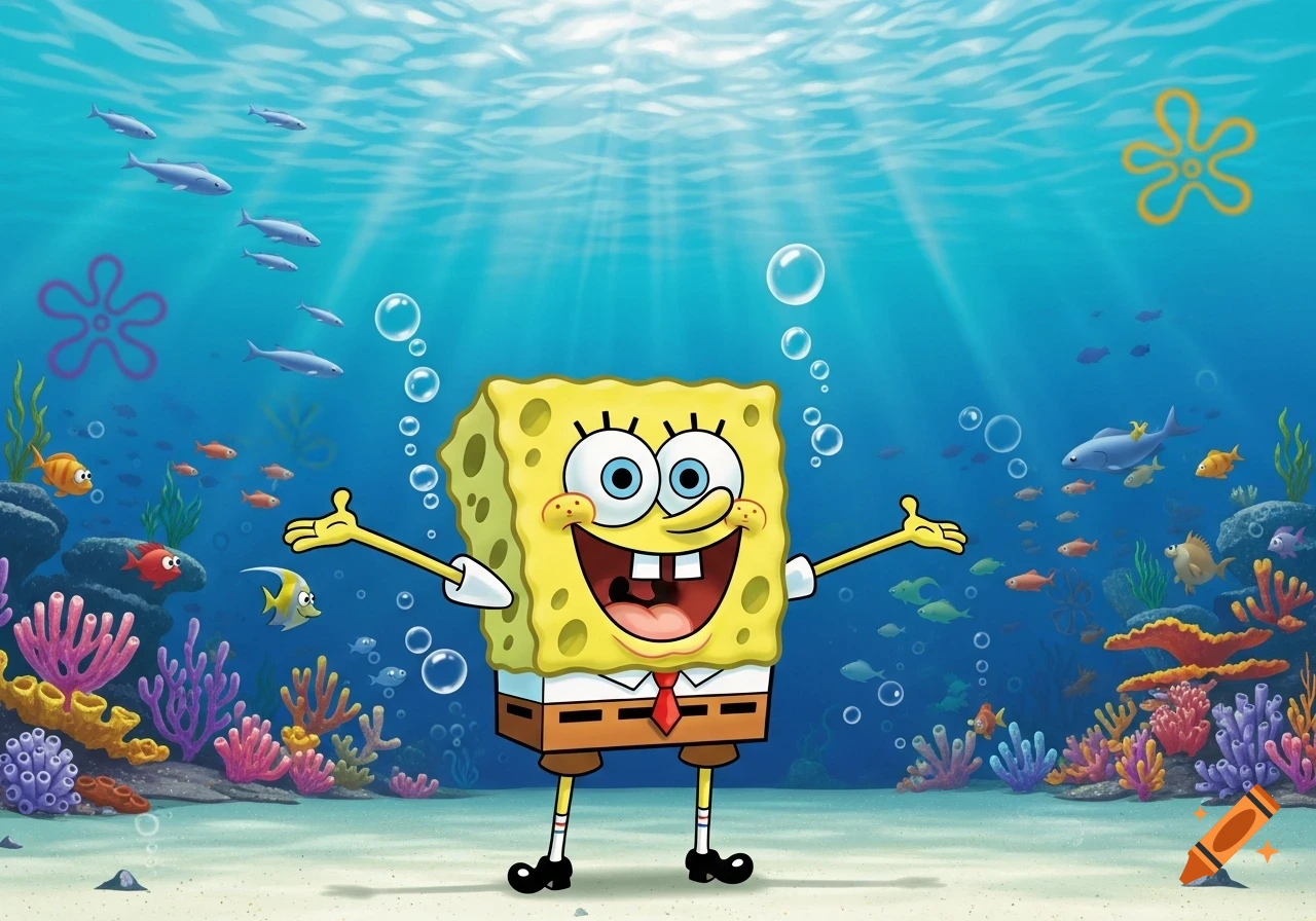 Spongebob Squarepants stands happily underwater with arms outstretched, surrounded by colorful coral, fish, and sunbeams.