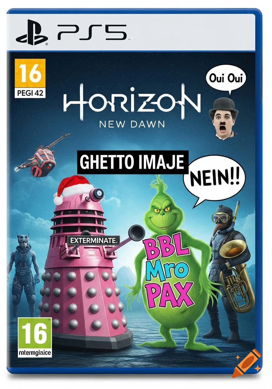 A parody PS5 game cover for 'Horizon New Dawn', featuring a pink Santa hat-wearing Dalek, a Grinch-like figure, and a Charlie Chaplin head. Various speech bubbles and modified logos are present.