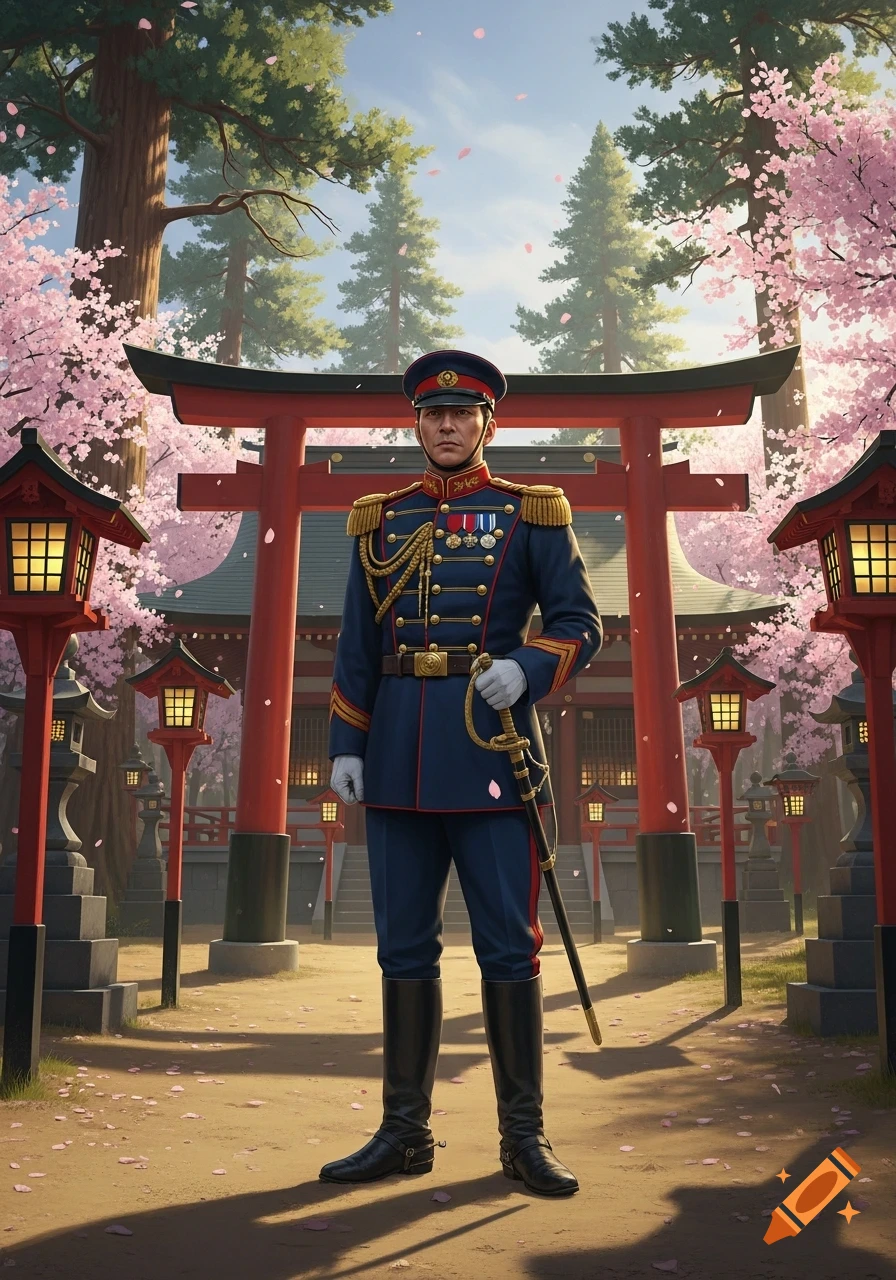 A detailed illustration of a Japanese Meiji era soldier in a blue uniform, standing in front of a red torii gate and lanterns under pink cherry blossoms.