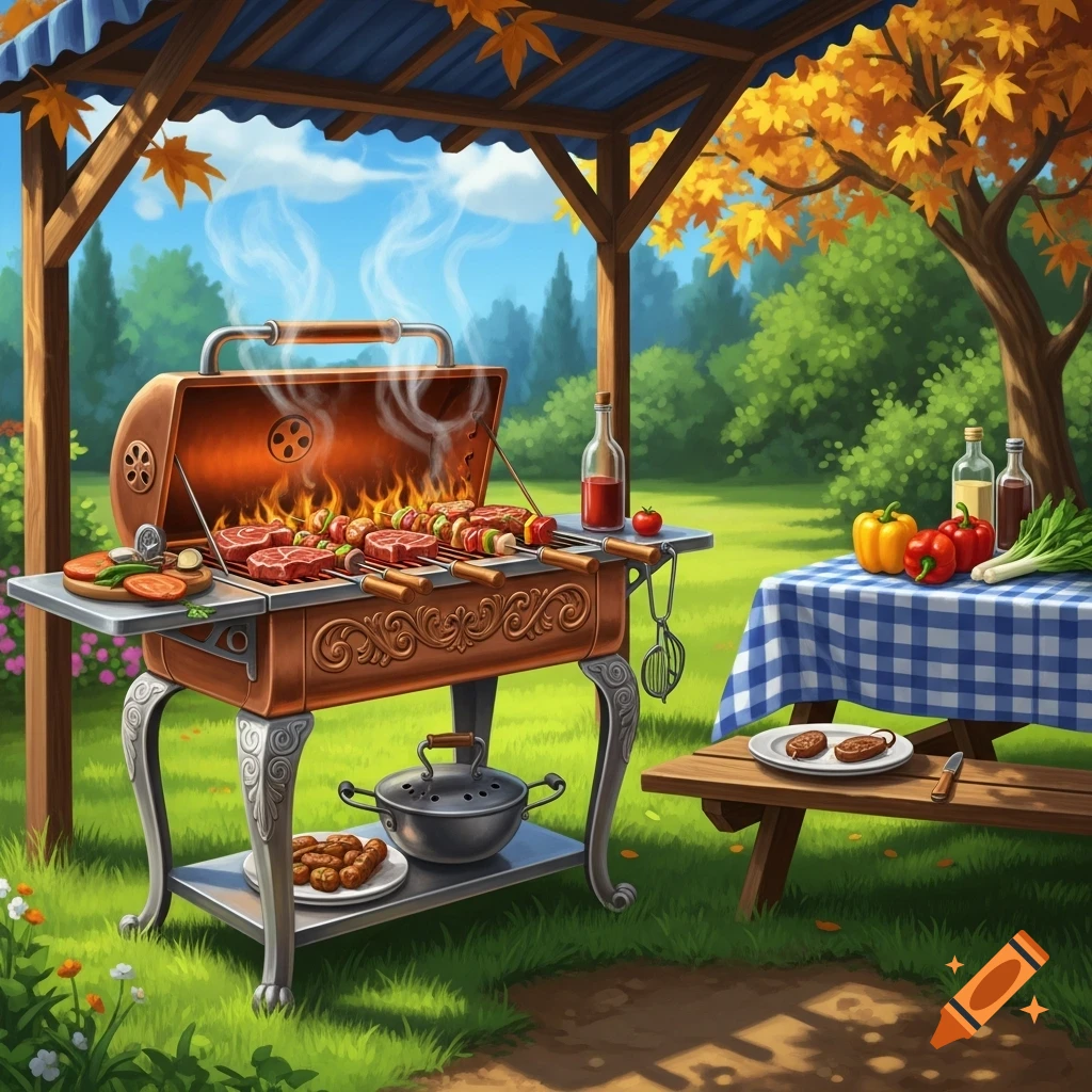 A vibrant outdoor scene featuring a grilling barbecue with meat and skewers, next to a picnic table with a blue checkered tablecloth.