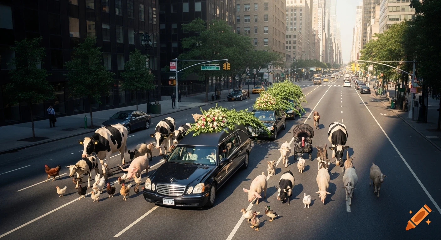 A surreal documentary-style photograph of a funeral procession on a busy city street, featuring a hearse and many farm animals like cows, pigs, and chickens walking alongside it.