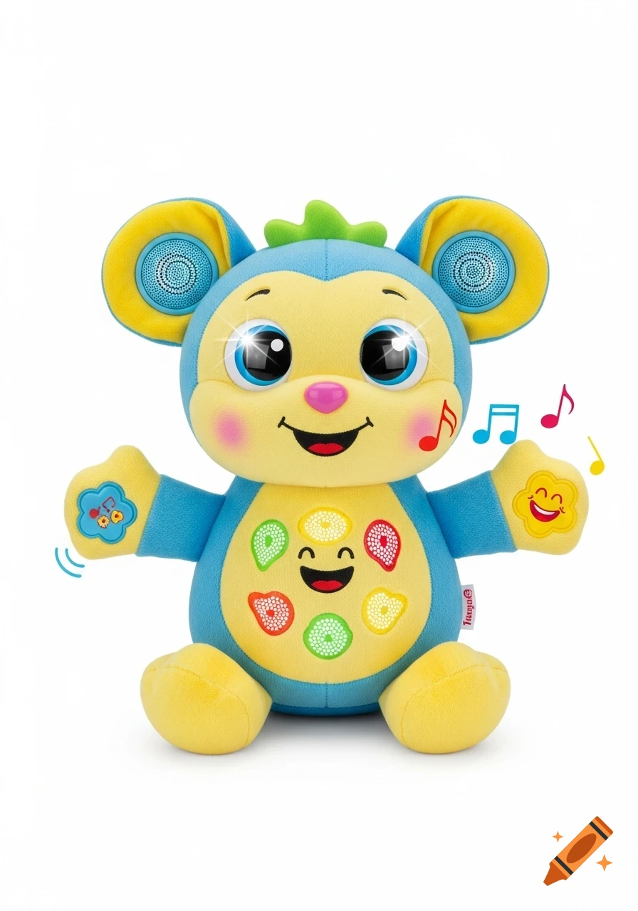 A vibrant blue and yellow plush toy with big eyes, a smiling face, and music notes floating around it, on a white background.