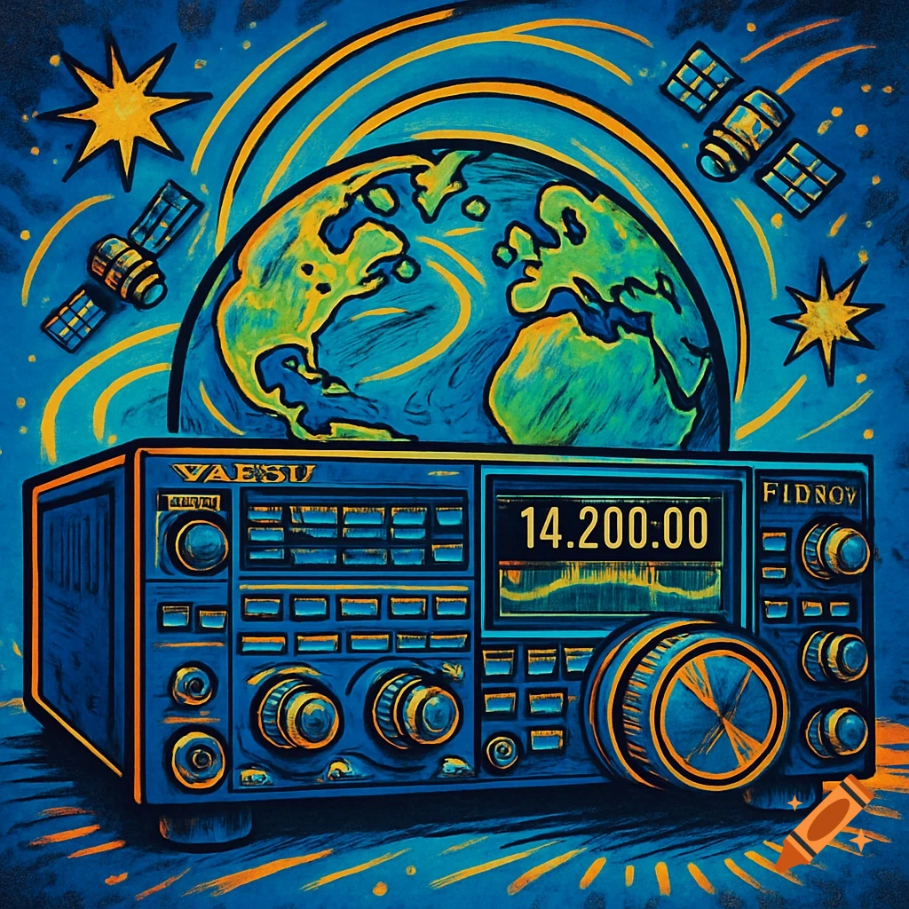 Comic art of a blue and orange ham radio transceiver with Earth, satellites, and starbursts in the background.