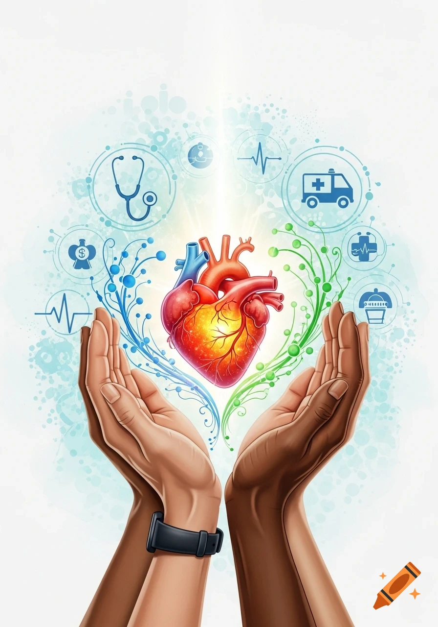 Two hands, one light and one dark-skinned, cup a glowing anatomical heart surrounded by medical icons and organic patterns on a light blue background.
