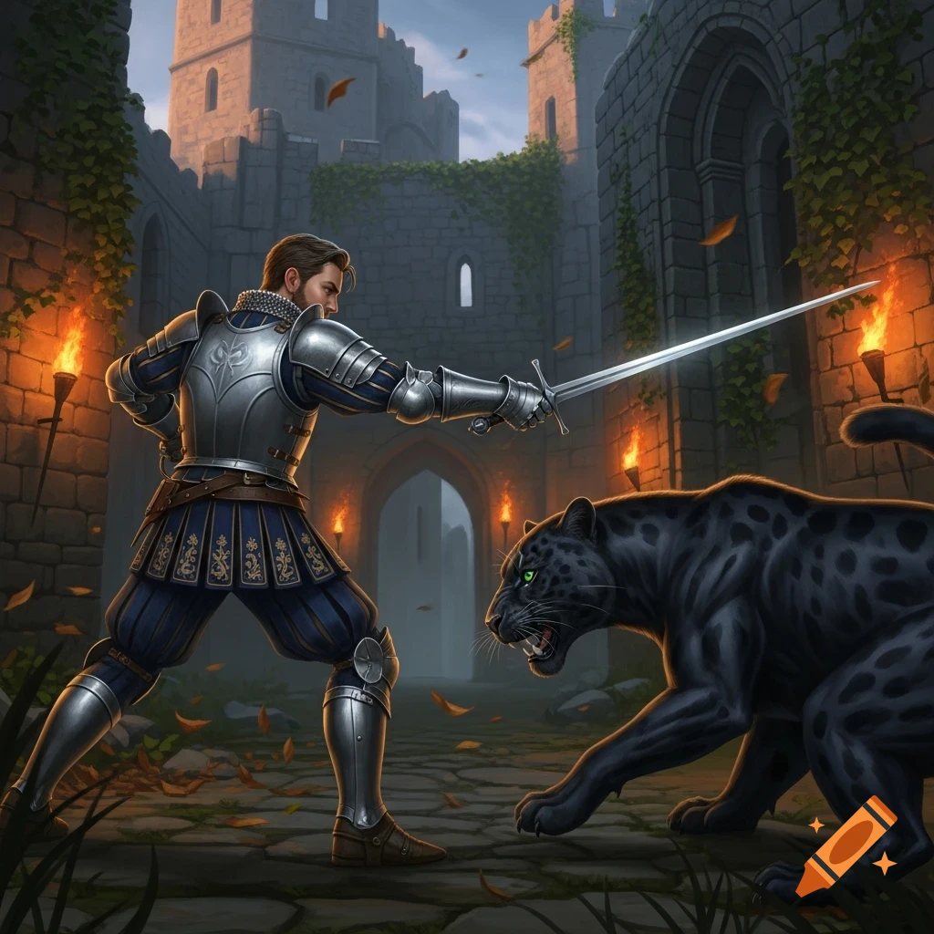 A knight in shining armor with a sword battles a black panther in a crumbling castle courtyard at dusk, lit by torches.