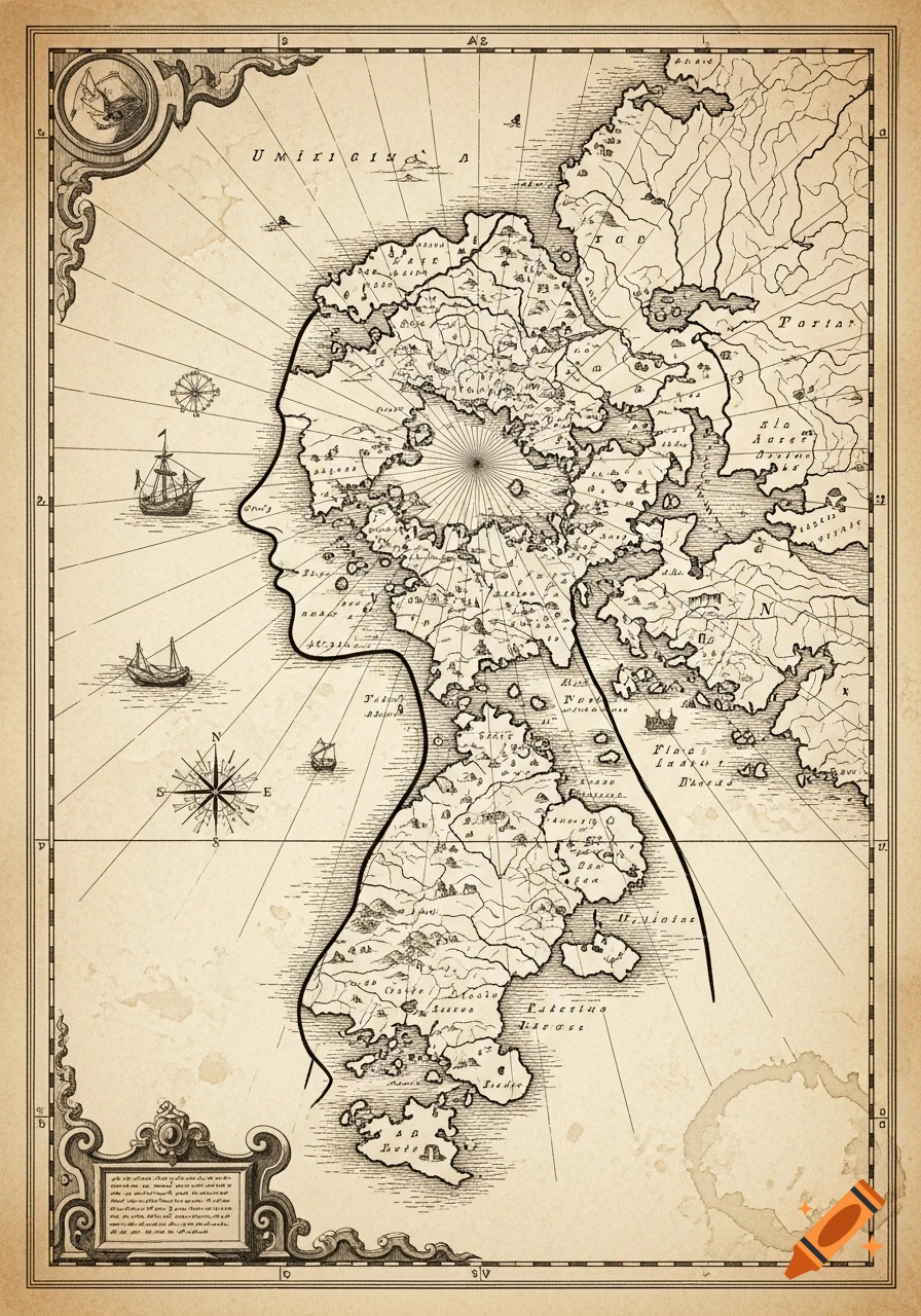 An antique-style map in sepia tones with a coastline forming the profile silhouette of a woman, featuring ships, a compass rose, and decorative borders.