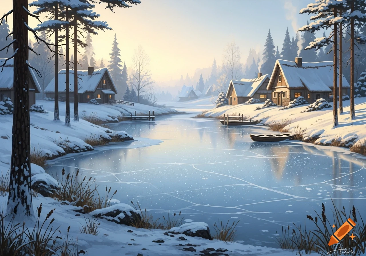 A serene winter landscape with snow-covered houses beside a partially frozen lake, surrounded by pine trees under a soft, golden sky.
