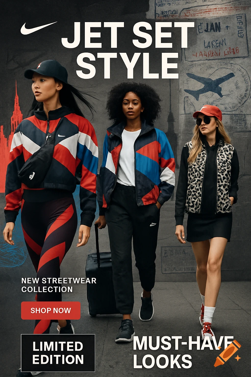 Three women in Nike streetwear walk with luggage on a city street, promoting a 'Jet Set Style' collection.