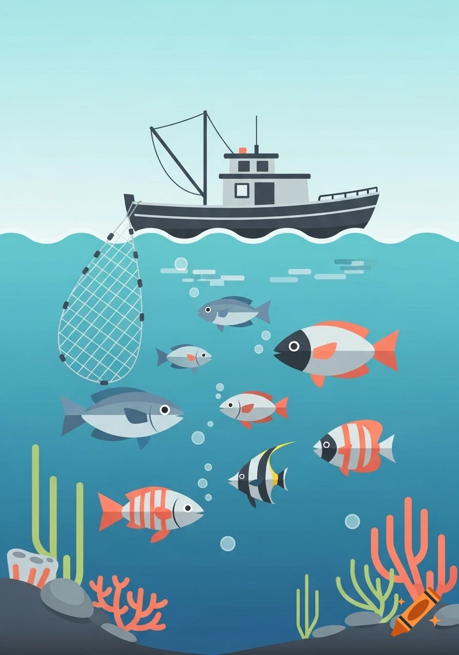 A simple illustration shows a fishing boat with a net in blue water, surrounded by colorful fish, coral, and rocks.