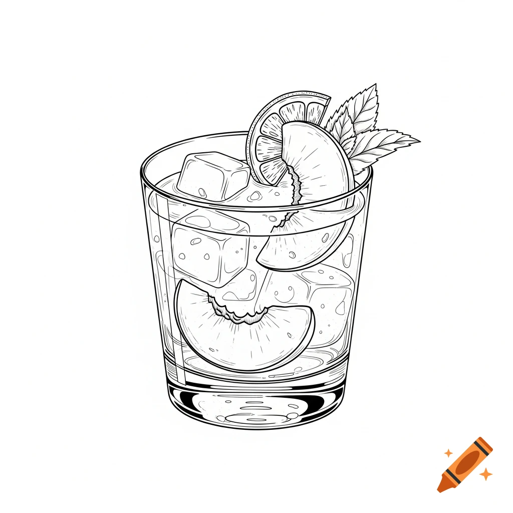 Black and white line drawing of a cocktail in a short glass with ice cubes, peach slices, and mint leaves.