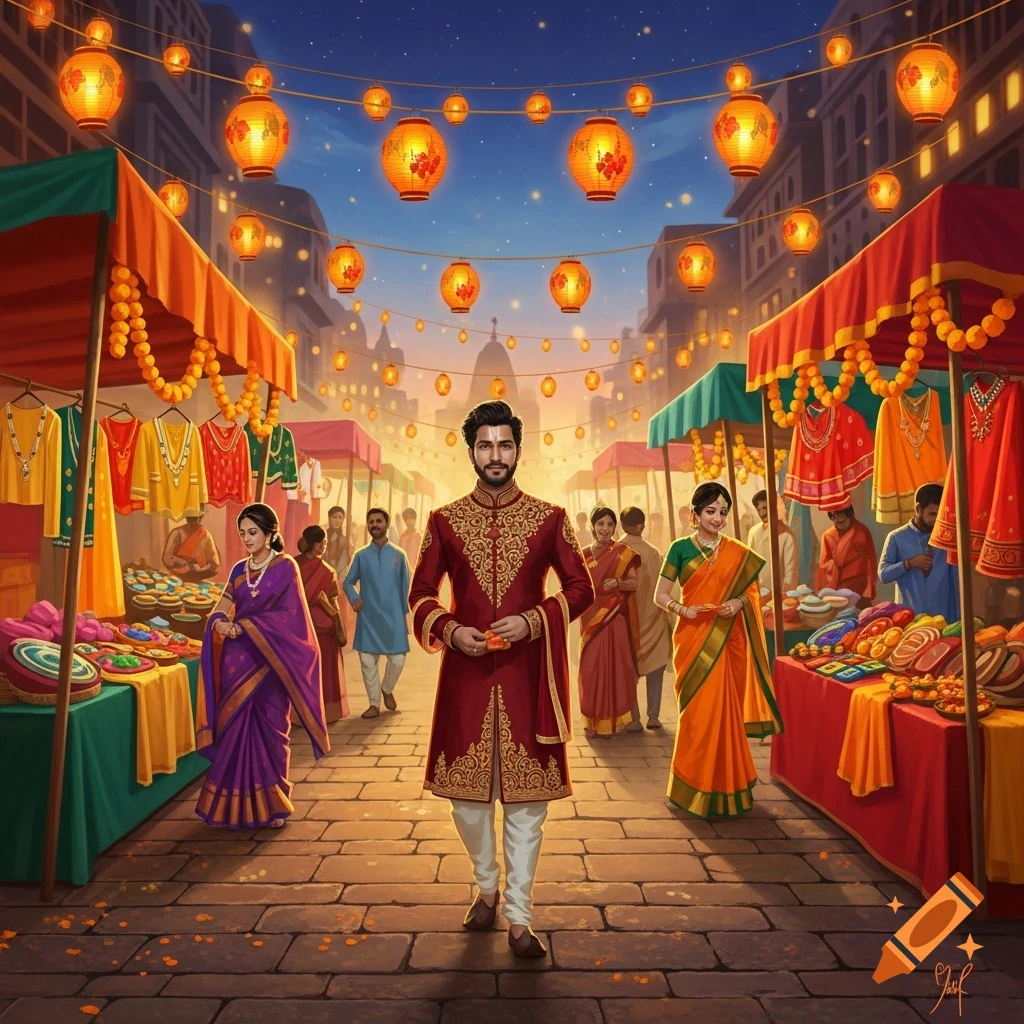 An illustration of an Indian market scene at night, with people in traditional attire browsing stalls under glowing lanterns.