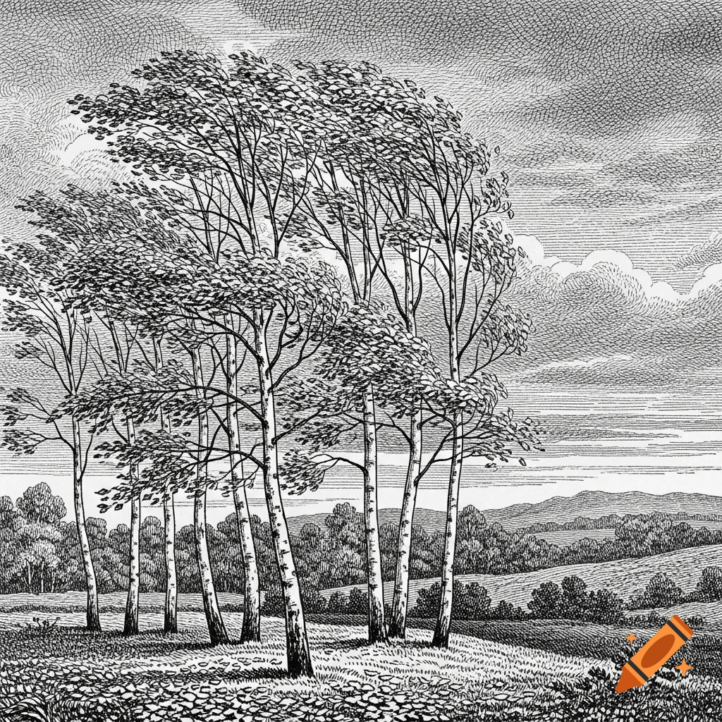 Black and white 1800s style pen and ink drawing of trees blowing in the wind across a hilly landscape.