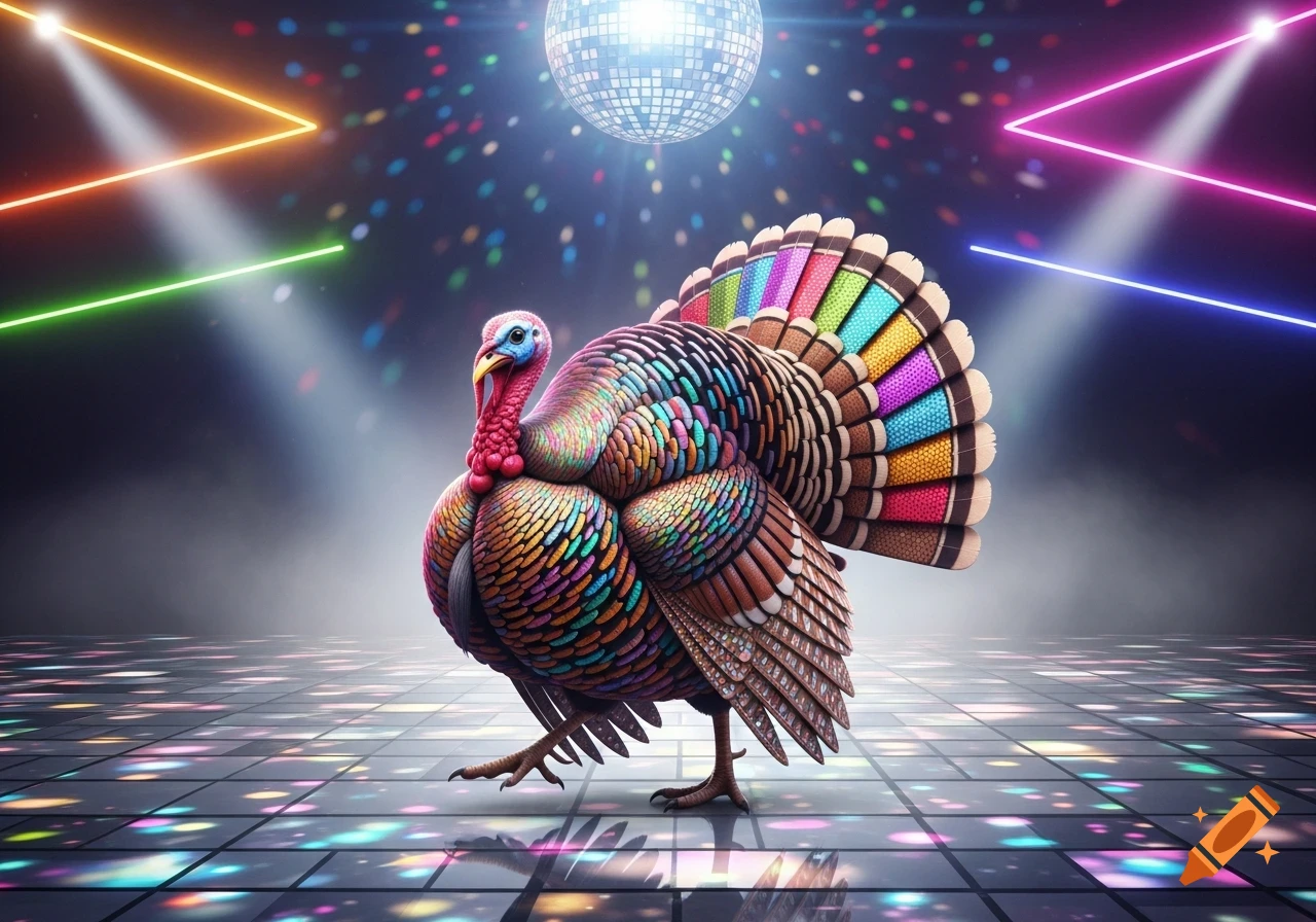A vibrantly colored turkey with rainbow tail feathers walks on a reflective disco floor, illuminated by neon lights and a disco ball.