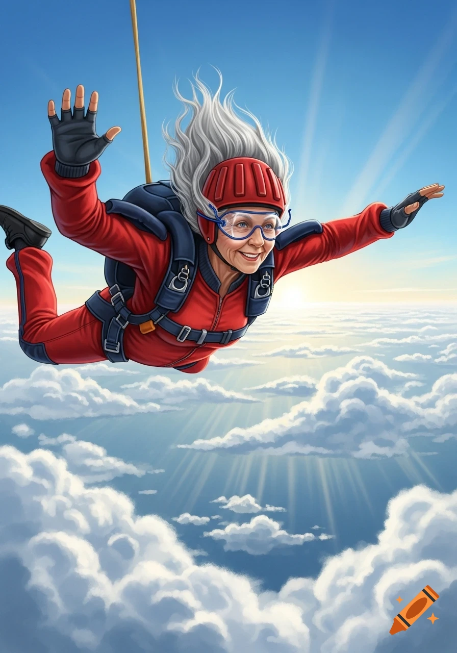 An illustrative image of a smiling elderly woman in a red jumpsuit and helmet skydiving above white clouds.
