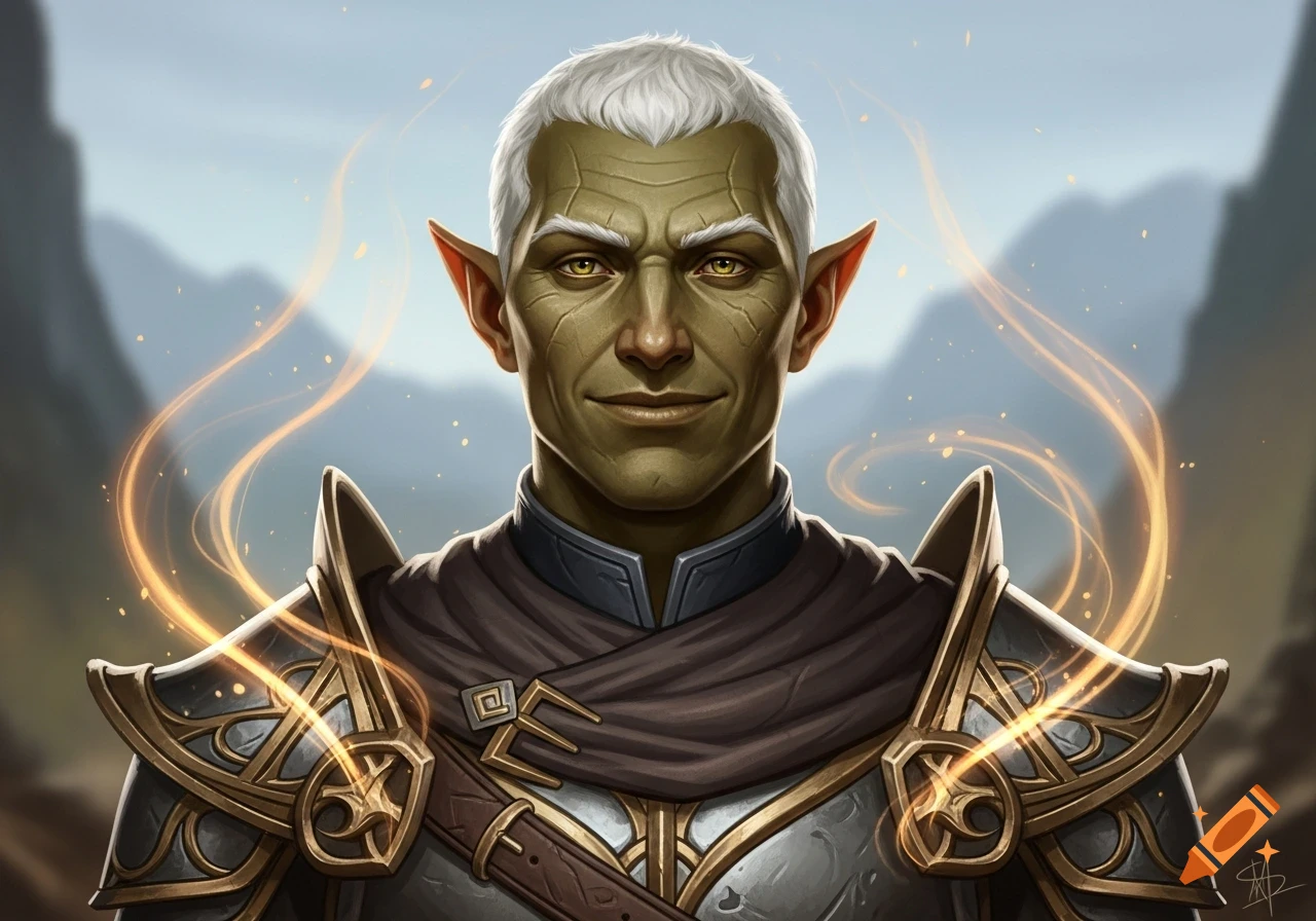 Fantasy portrait of a smiling, olive-skinned male character with white hair, pointed ears, and ornate armor with glowing golden energy.