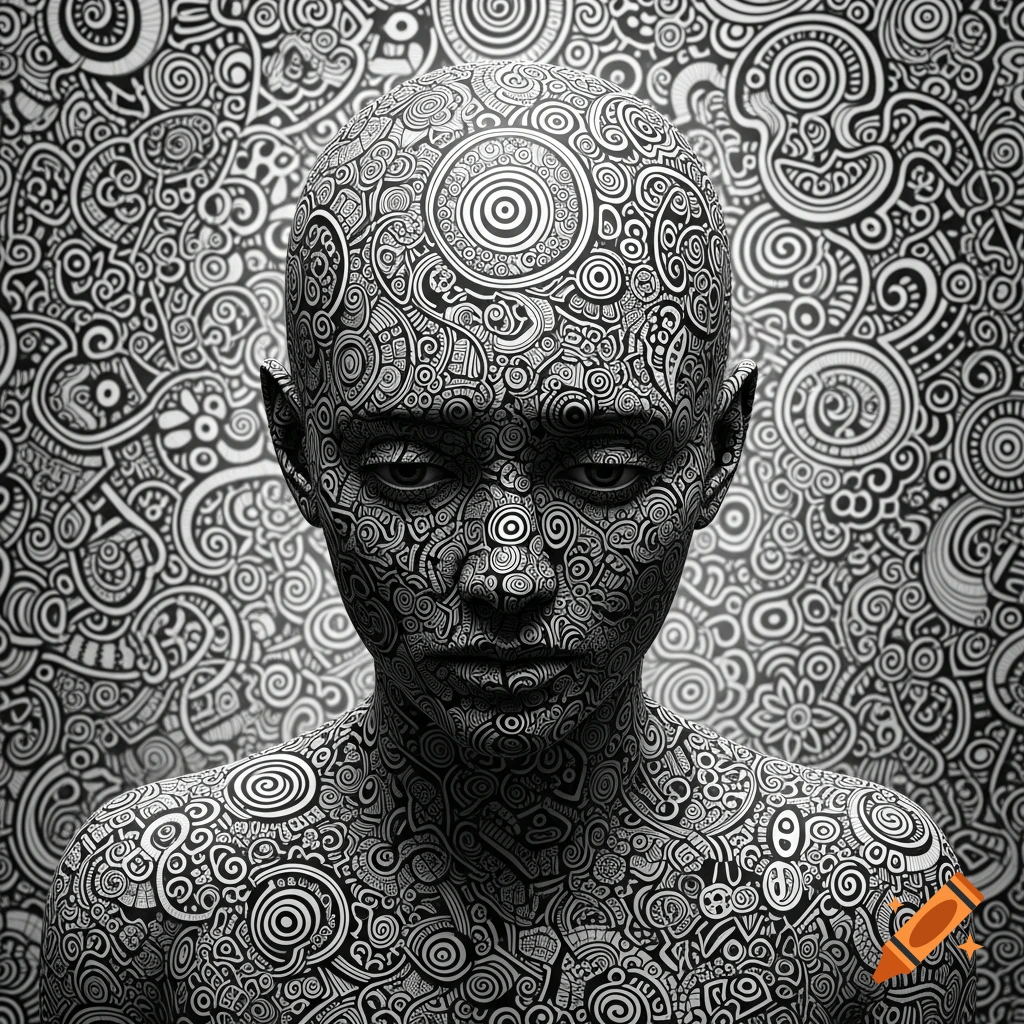 A person's head and shoulders are covered in intricate black and white zentangle patterns, blending into a similarly patterned background.