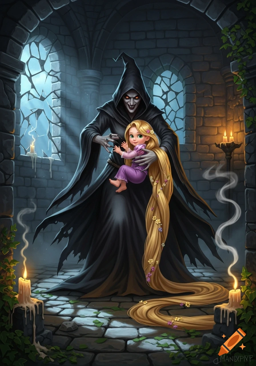 A menacing dark witch in a black cloak holds a baby Rapunzel with long golden hair in a gothic castle.