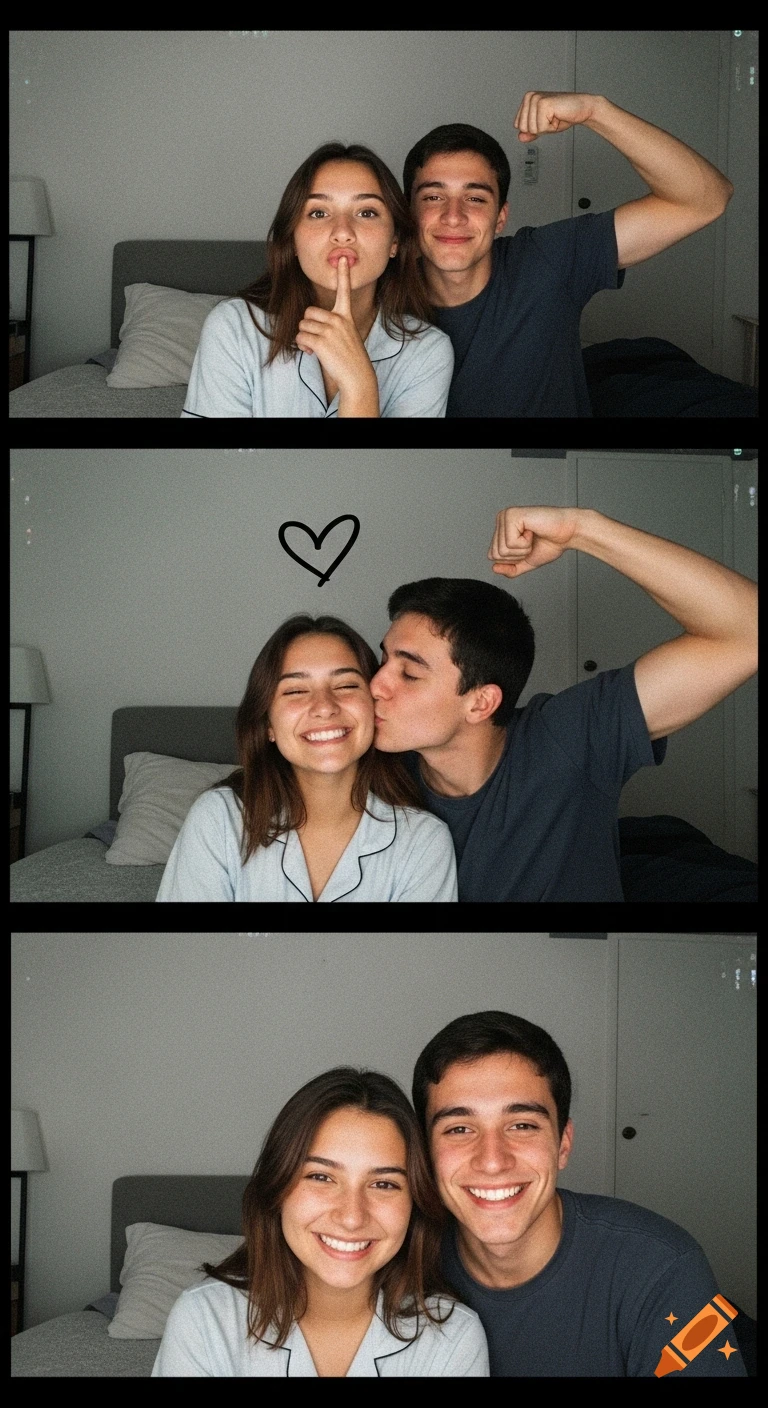 Three-panel vertical collage of webcam-style selfies of a young couple. They pose playfully, kiss, and smile warmly in a bedroom setting.